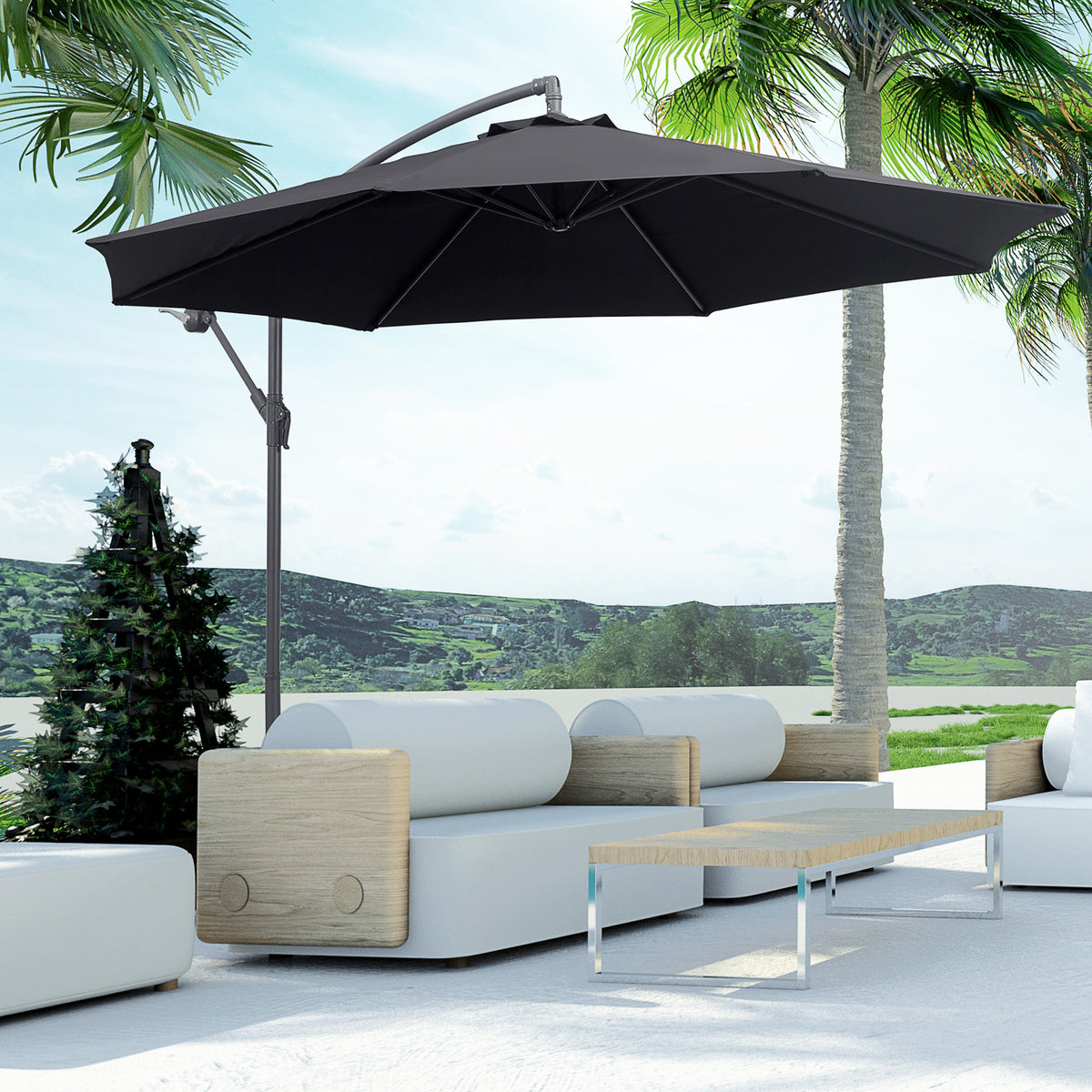 10' Deluxe Patio Umbrella Outdoor Market Parasol Banana Hanging Offset Sunshade Crank Cross Base Black – view 7