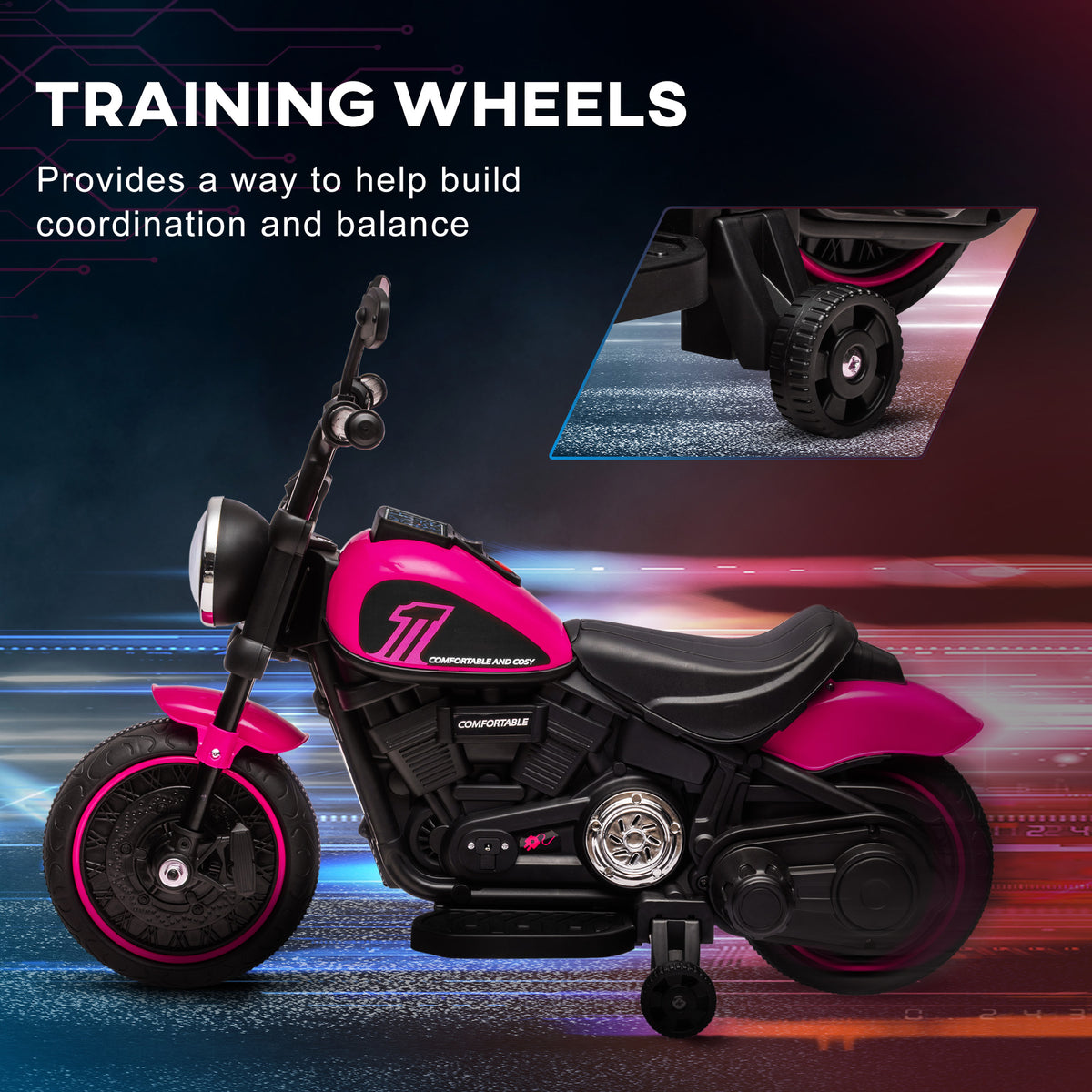 Aosom 6V Kids Motorcycle with Training Wheels, Foot Pedal, Headlight, Music, Forward/Reverse, Single-Button Start