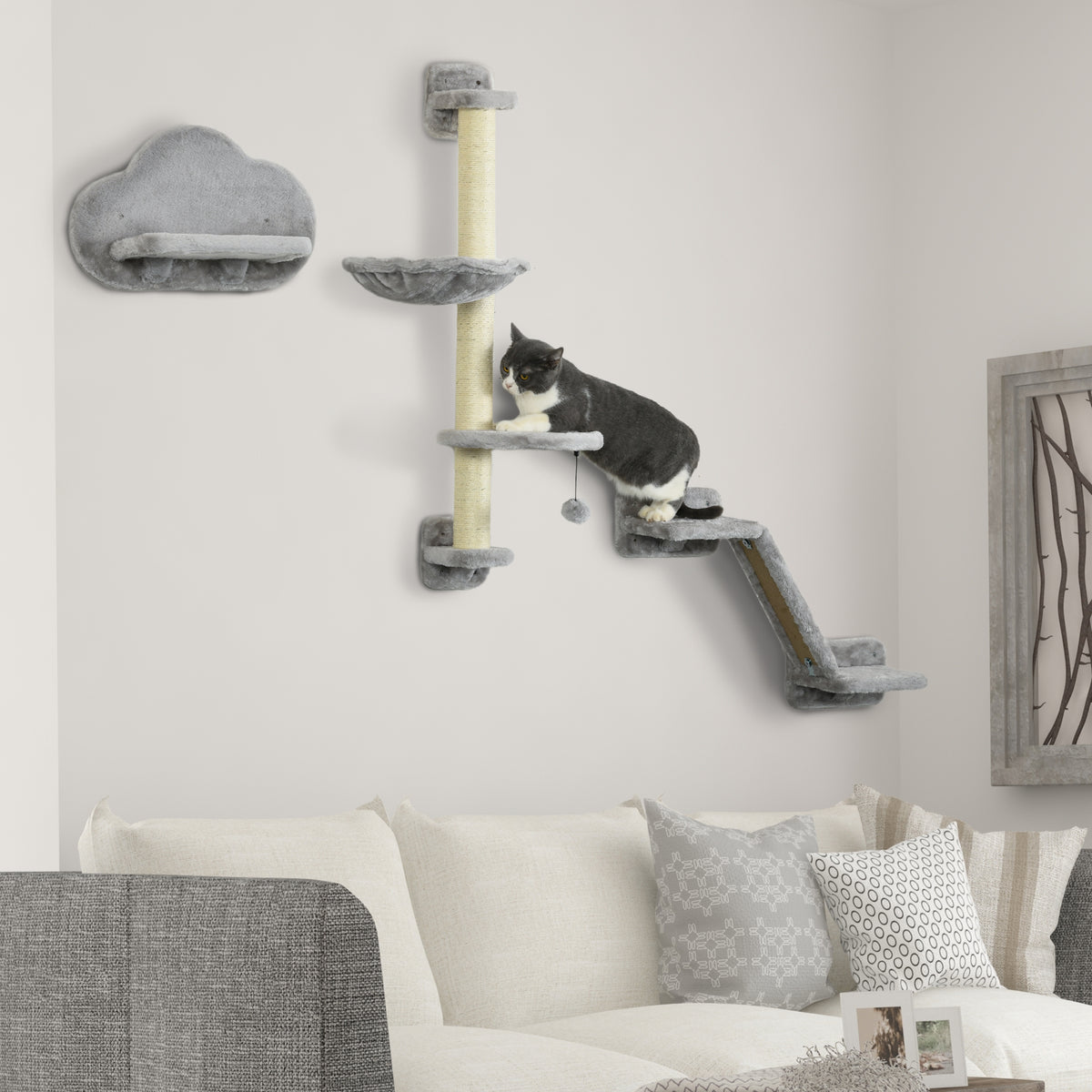 3PCs Cat Shelves with Hammock, Scratching Posts, Platforms, Grey
