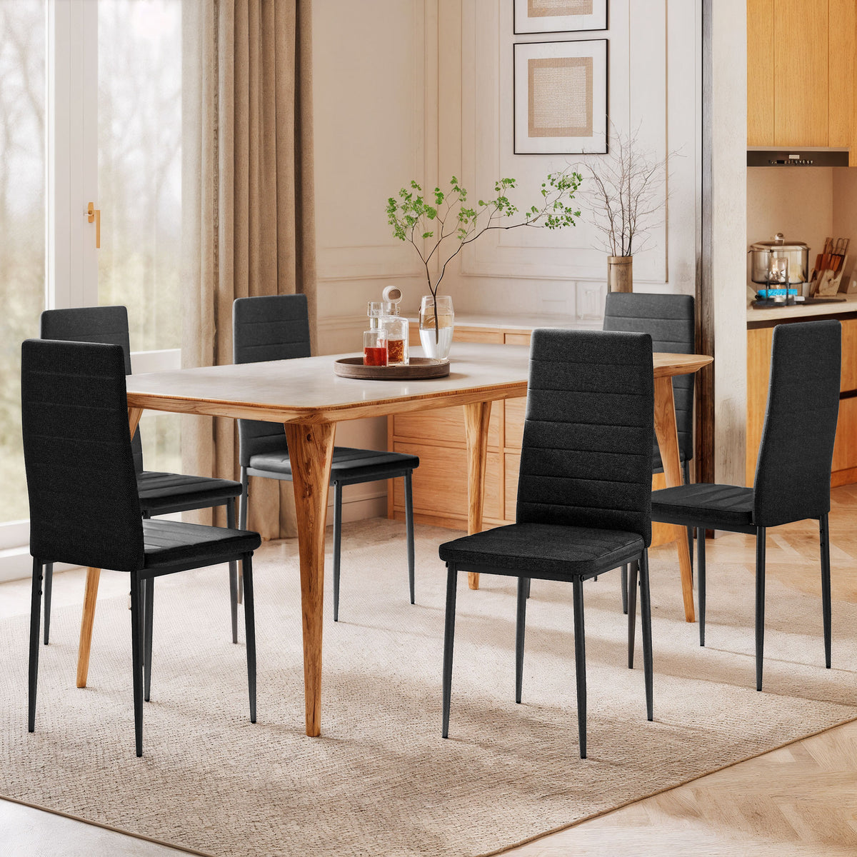 High Back Dining Chairs, Modern Upholstered Linen Fabric Accent Chairs with Metal Legs for Kitchen, Set of 6, Black