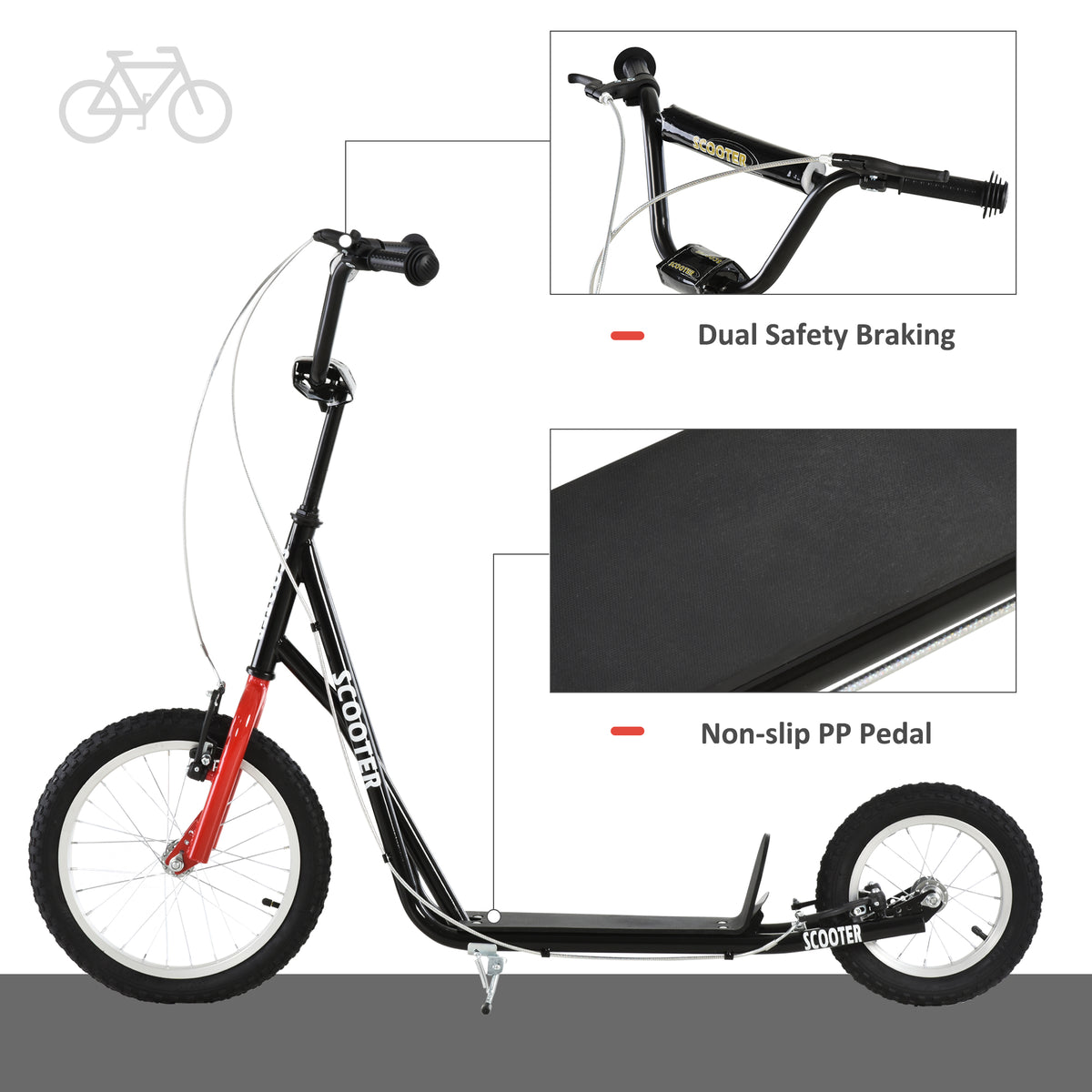 Aosom Youth Kick Scooter with Adjustable Handlebar and 16'' Inflatable Rubber Wheel for Kids and Teens 5+ Year Old