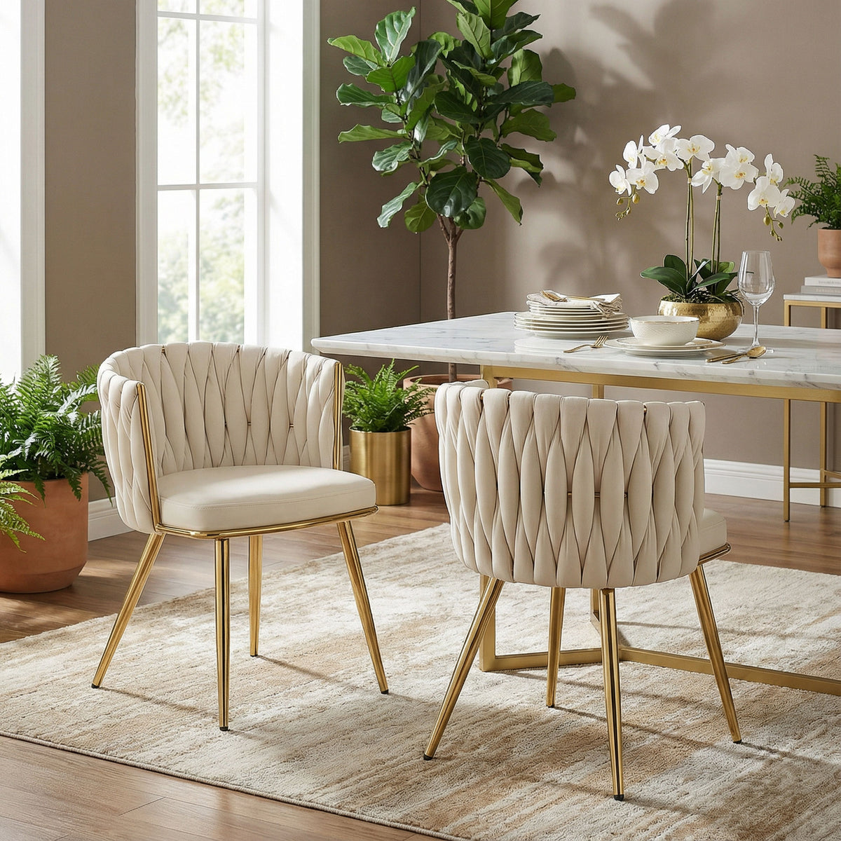 Modern Dining Chairs Set of 2, Velvet-Feel Upholstered Kitchen Chairs with Woven Backrest and Metal Legs, Cream White
