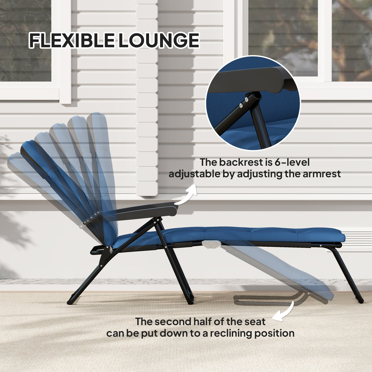 Foldable Lounge Chair, Reclining Patio Sun Lounger with 6-Position Adjustable Back, Blue and White