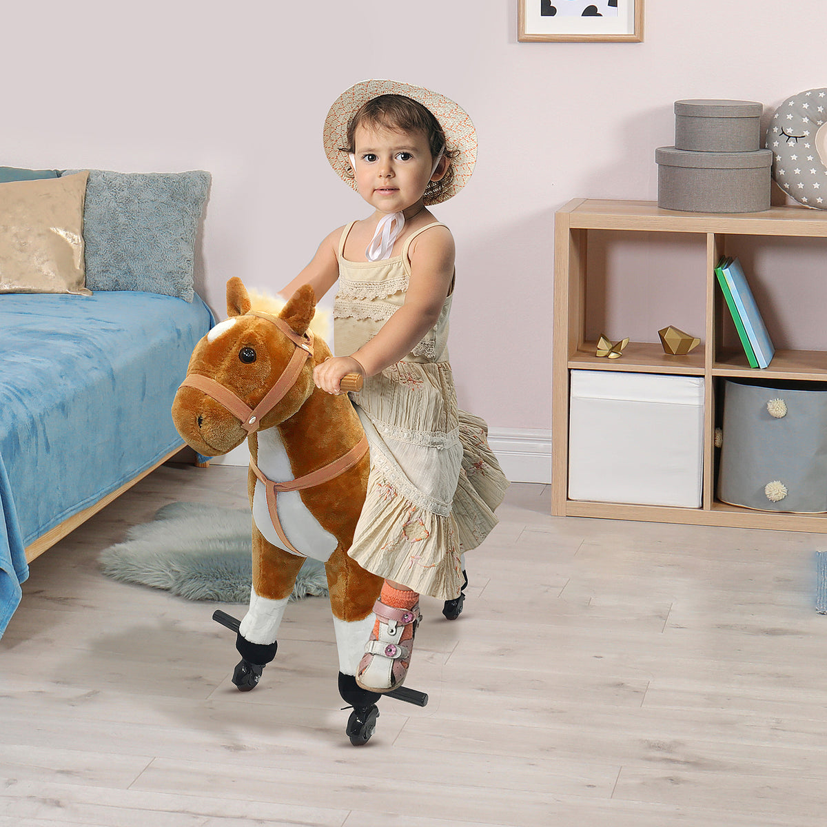 Qaba Kids Rocking Horse, Large Walking  Ride on Toy  for Toddlers 3 year old, Baby Plush Animal Rocker with Sound and Wheel, Brown