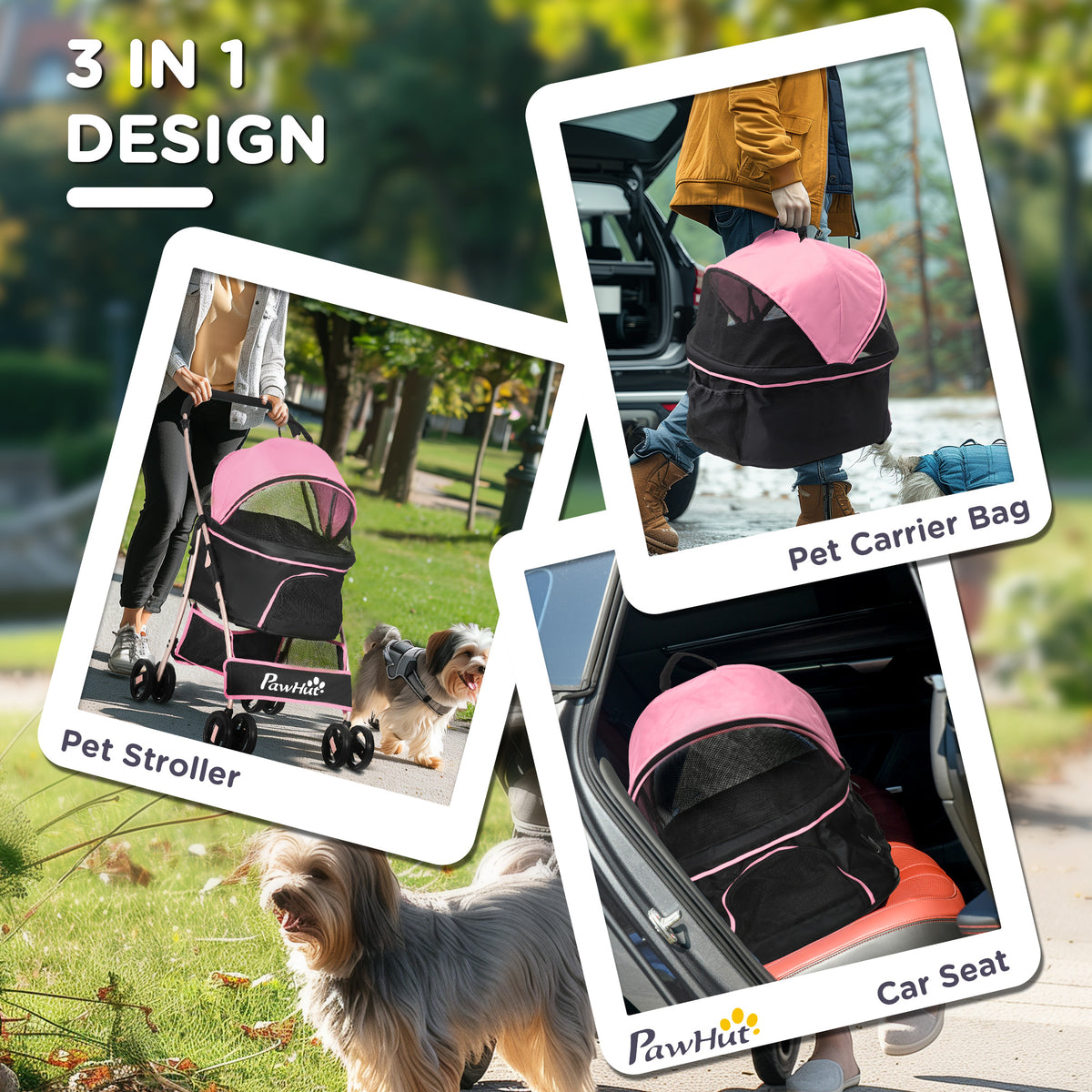 4 Wheels Pet Stroller, 3 in 1 Dog Cat Travel Folding Carrier, for Small Dogs, Detachable, w/ Brake, Canopy – view 4