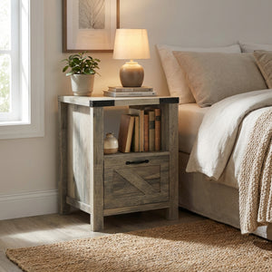 Side Table with Storage, Farmhouse End Table with Drawer, Open Shelf and Barn-style Panel – view 13