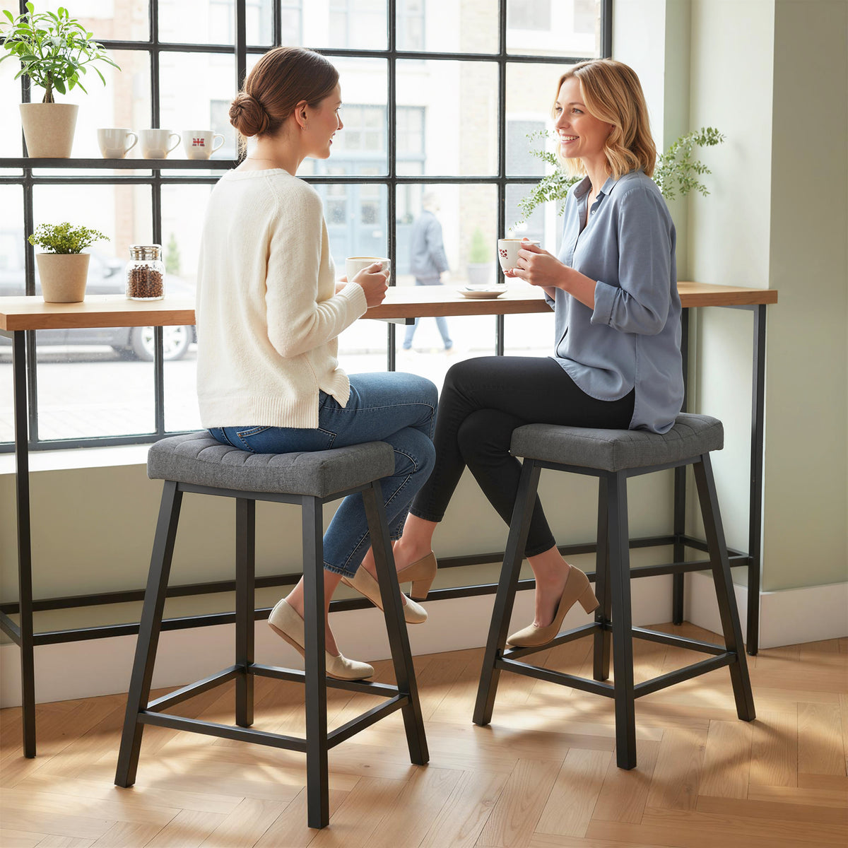Set of 2 Bar Stools, Velvet Upholstered Counter Stools with Curved Seat and Footrest for Kitchen Island, Grey