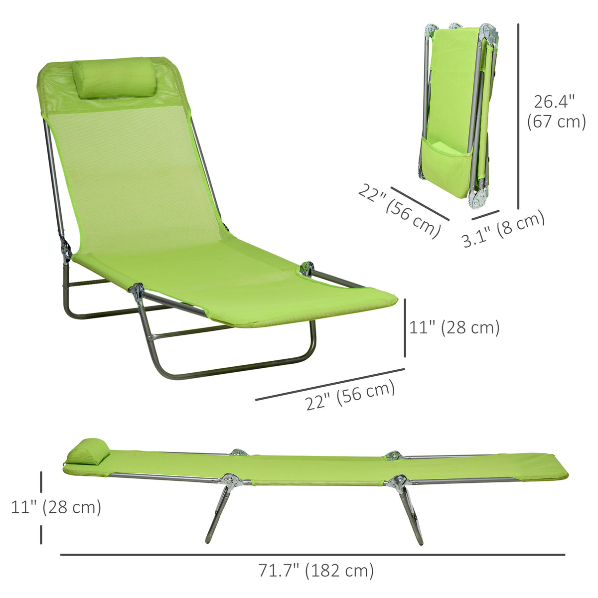 Set of 2 Folding Chaise Lounge Chairs, Outdoor Poolside Sun Tanning Chairs w/ Pillow, Reclining Backrest – view 16