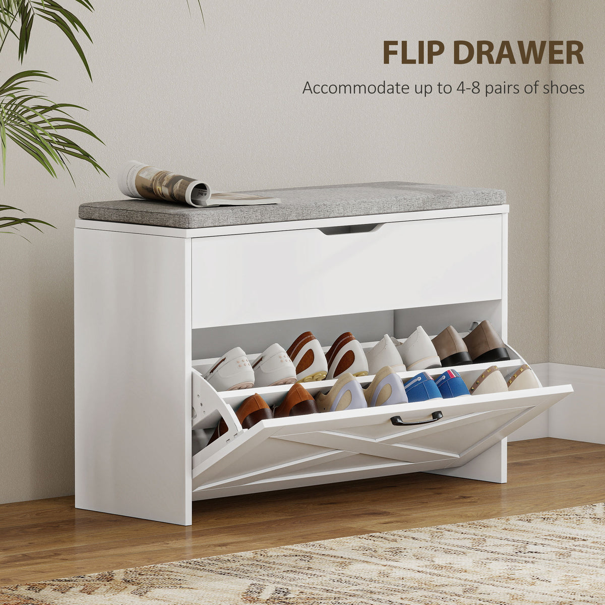 Shoe Storage Bench with Flip Drawer and Lift Top Storage, Entryway Bench with Seat Cushion for Hallway – view 17