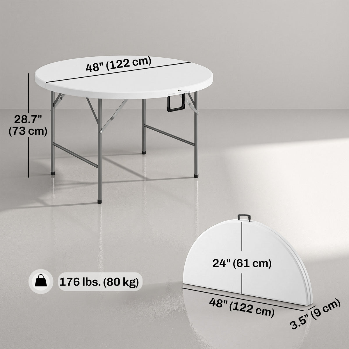Φ48" Folding Patio Table, Outdoor HDPE Picnic Table, Card Table for 6, Round Folding Banquet with Metal Frame, White