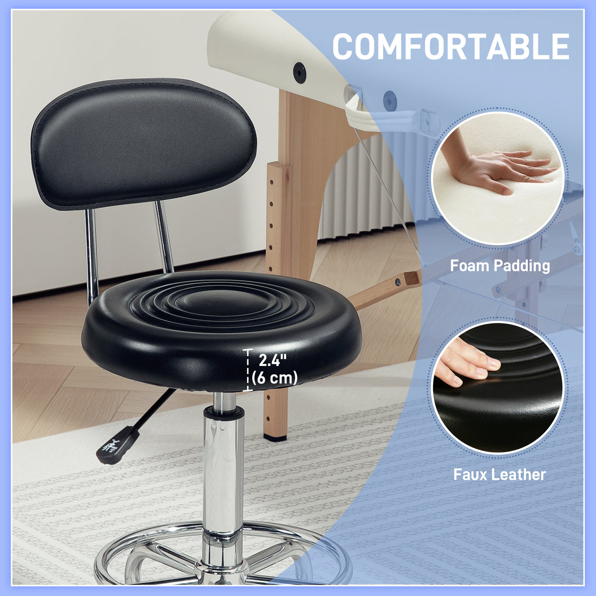 Adjustable Stool, Rolling Stool, 360° Rotate, with Backrest and Wheels, Black