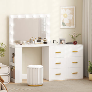 Vanity Desk with Mirror and 12 LED Lights, Makeup Table w/ Power Outlet, 3 Light Colour, 6 Drawers and 2 Shelves, White