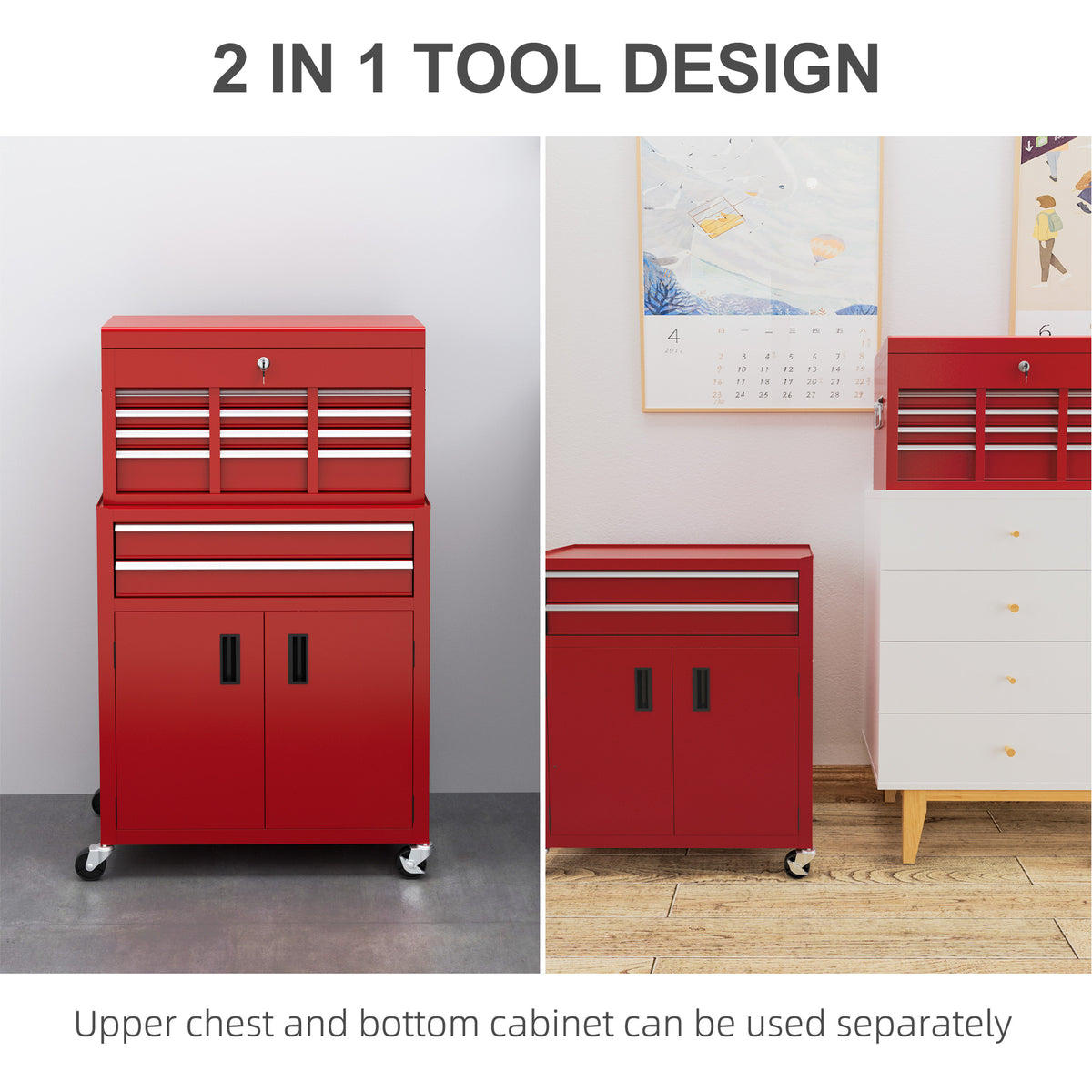 6-Drawer Rolling Tool Chest, 2 in 1 Lockable Storage Cabinet with Hooks, Metal Tool Box for Garage – view 10