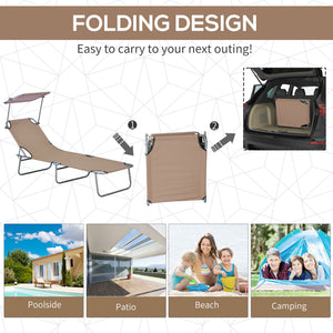 Outdoor Lounge Chair, Adjustable Folding Chaise Lounge with Sun Shade for Beach, Camping, Hiking, Brown