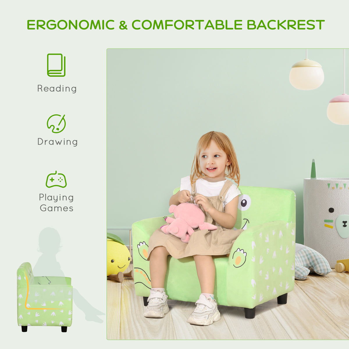 Qaba Kids Sofa, Armrest Chair for Preschool, Toddler Couch for Kids Room, Kindergarten with Cute Animal Print, Super-soft Velvet, Eucalyptus Wood, Green