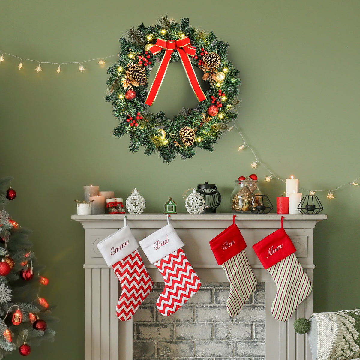 Christmas Wreath 24" Pre-Lit Artificial Greenery Xmas Spruce Wreath Cones Red Berries 20 LED Lights Battery Operated