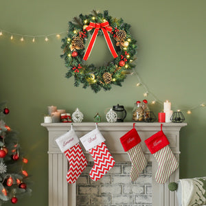 Christmas Wreath 24" Pre-Lit Artificial Greenery Xmas Spruce Wreath Cones Red Berries 20 LED Lights Battery Operated