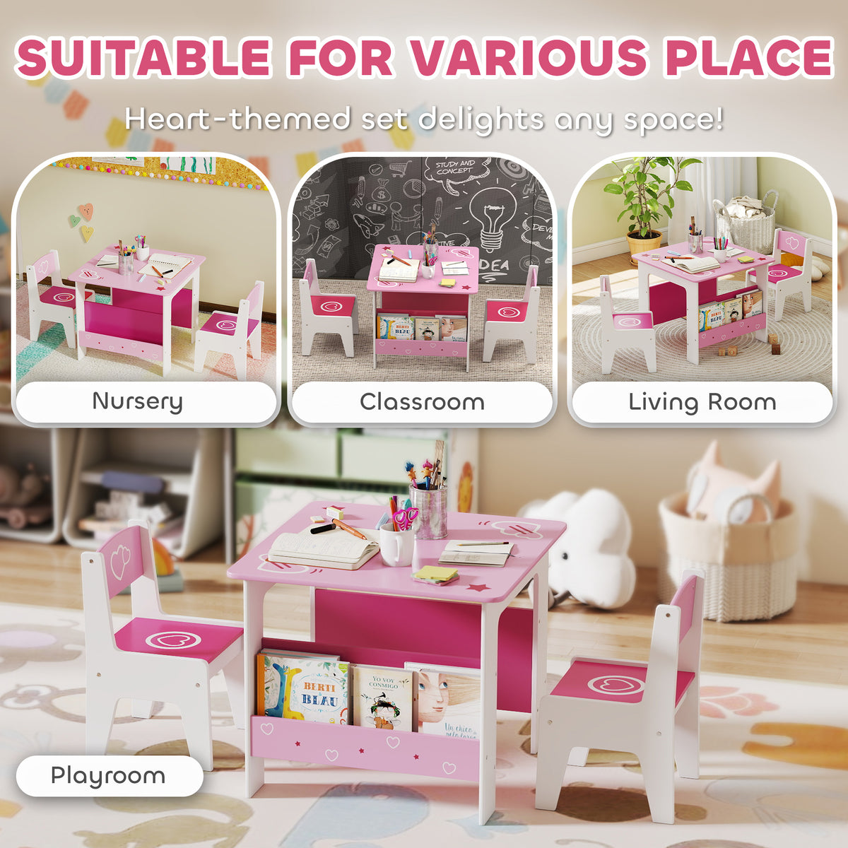 Qaba 3 Pieces Kids Table and Chair Set with Bookshelves, for Classroom, Home, Nursery, Playroom, for Read, Draw, Art, Pink