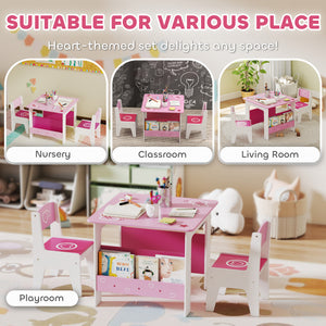Qaba 3 Pieces Kids Table and Chair Set with Bookshelves, for Classroom, Home, Nursery, Playroom, for Read, Draw, Art, Pink