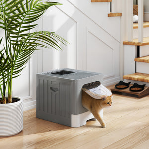 Cat Litter Box with Lid, Slide-Out Drawer, Scoop, Easy Clean, Odour Control, Anti-Splashing, Grey