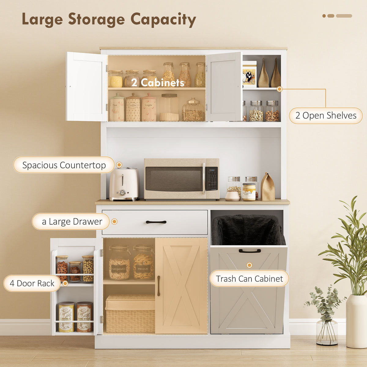 69" Pantry Cabinet with Charging Station, Kitchen Cabinet with Microwave Stand, Tilt-Out Trash Can Cabinet – view 10