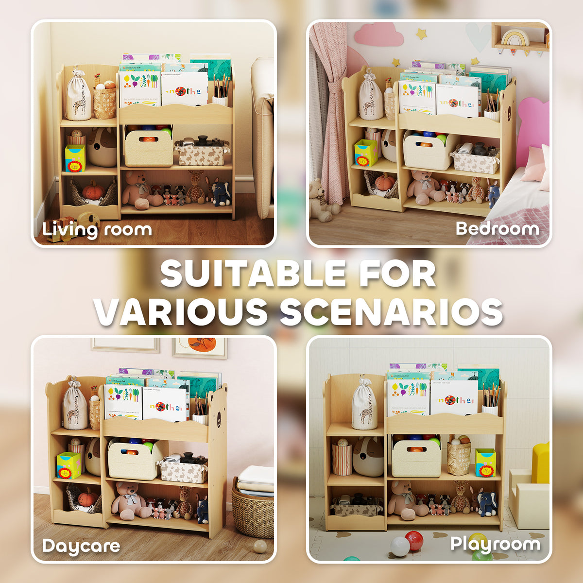 Qaba Kids Bookshelf and Toy Storage Organizer, 3 Tier Montessori Toy Organizer with Open Display for Nursery, Natural