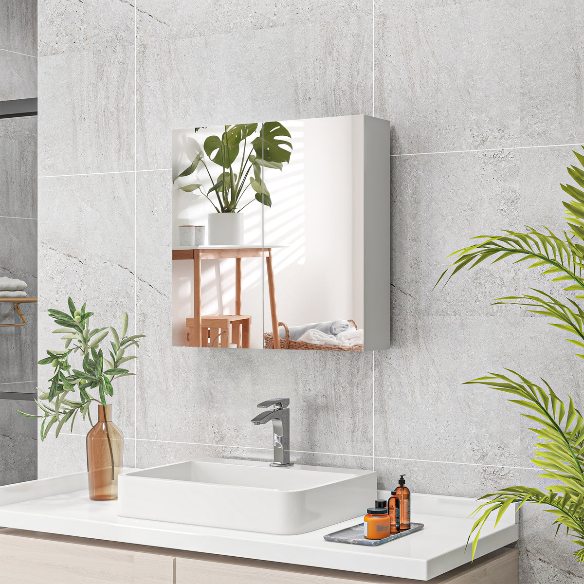 24" x 24" Medicine Cabinet, Wall Mounted Bathroom Mirror Cabinet with Mirrored Doors, Adjustable Shelves and Soft Close Mechanism, High Gloss White
