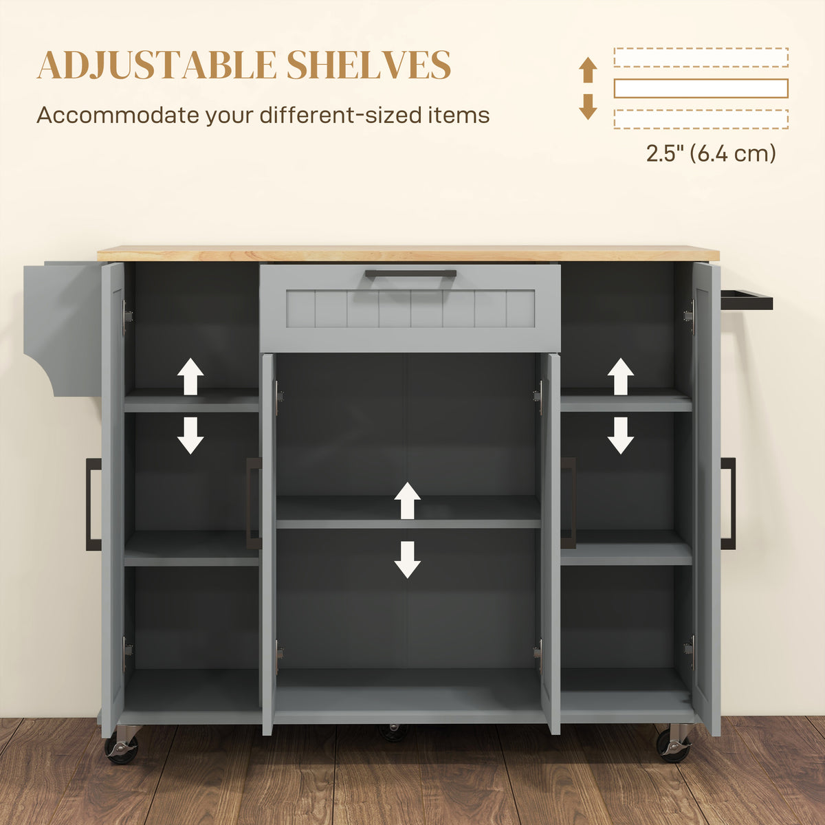Modern Rolling Kitchen Island Cart with Drawers, Natural Wood Top, Towel Rack, Door Storage Cabinet, Black – view 12