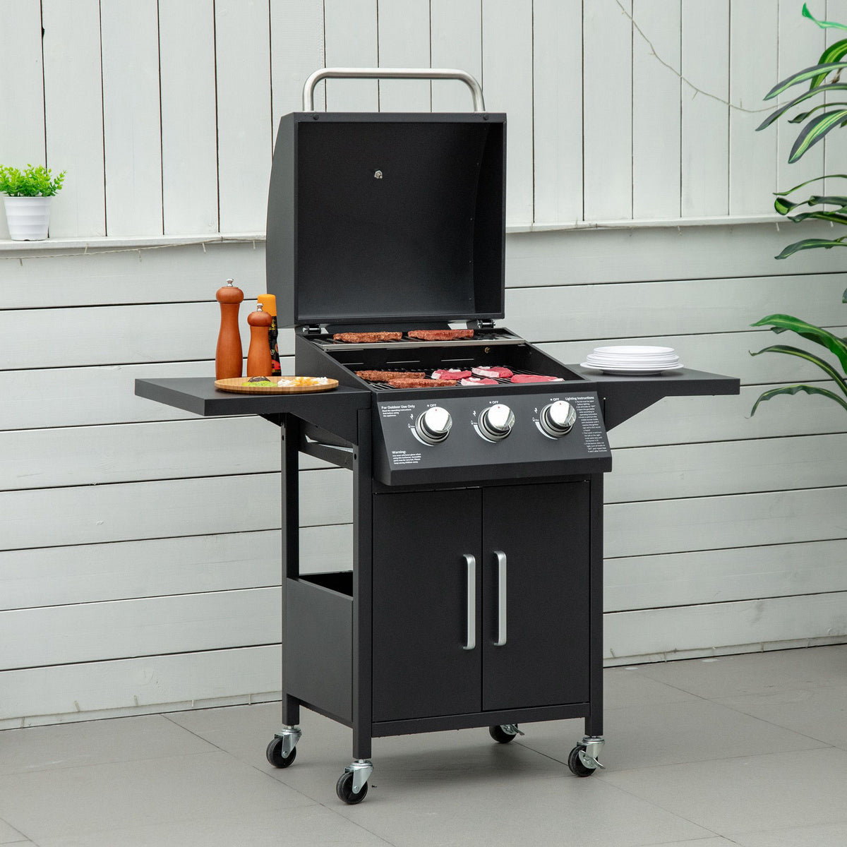 Outdoor 3 Burner Gas Grill Portable Barbecue w/ Wheels, Warming Rack, Shelves, Cabinet, Thermometer, Black