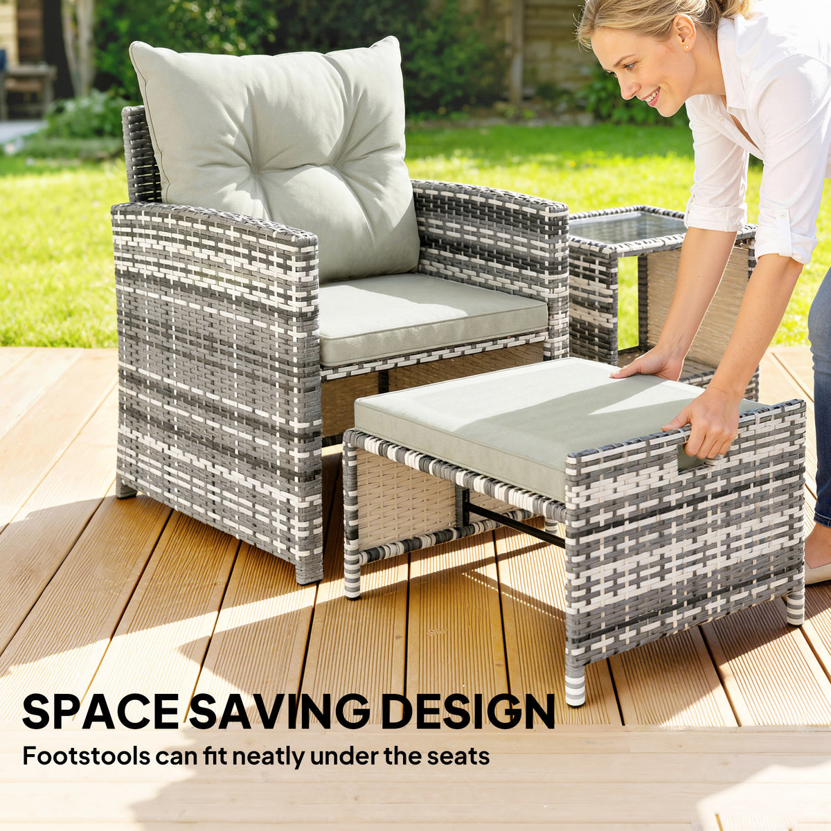 5 Piece Patio Furniture Set, Wicker Patio Chairs with Ottomans, 2-Tier Glass Coffee Table and Cushions – view 10