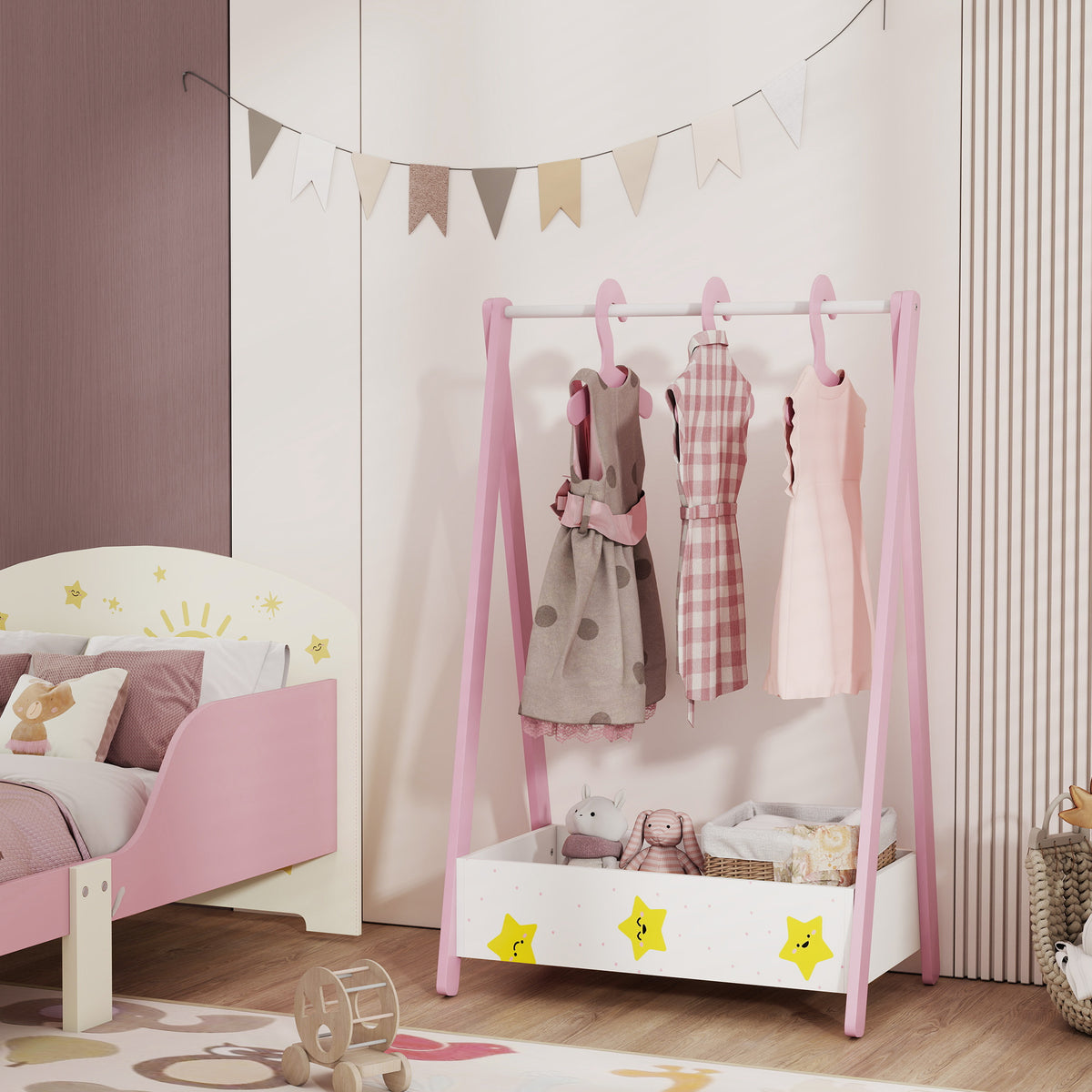 Qaba Kids Clothing Rack with Storage Shelf, Hangers, for Nursery Room, Living Room, Playroom
