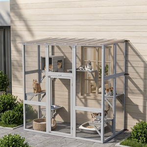 Large Outdoor Catio with Weatherproof Roof, Bridge, Resting Box, Platforms, Grey – view 21