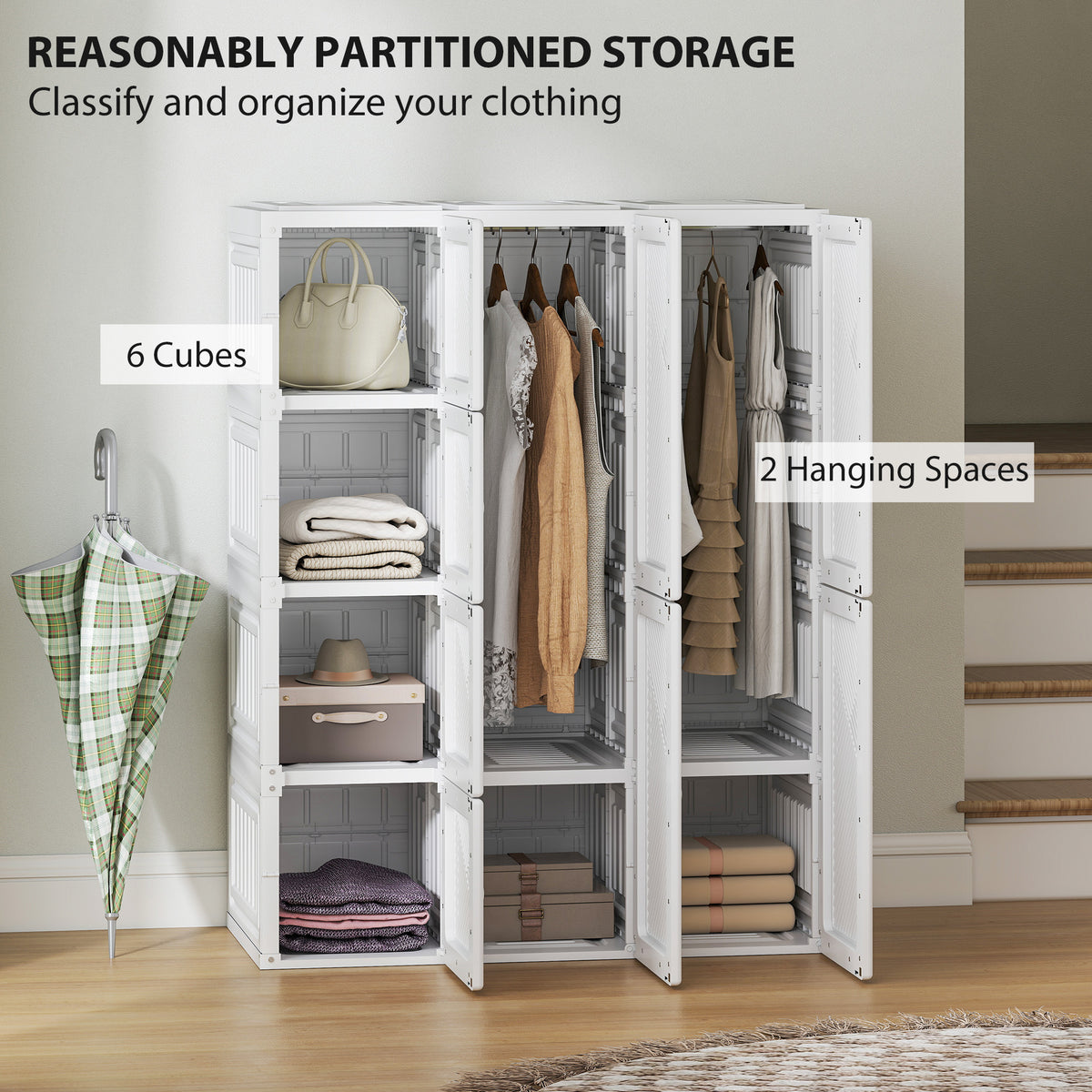 Portable Wardrobe, Foldable Plastic Closet with 8 Compartments, 2 Hanging Rods and Magnetic Clear Doors – view 10