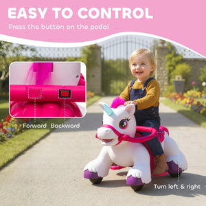 Qaba 12V Unicorn Ride on Toy, Battery Powered Kids Electric Ride on Horse with Carrot Toy, Comb, Animal Sounds