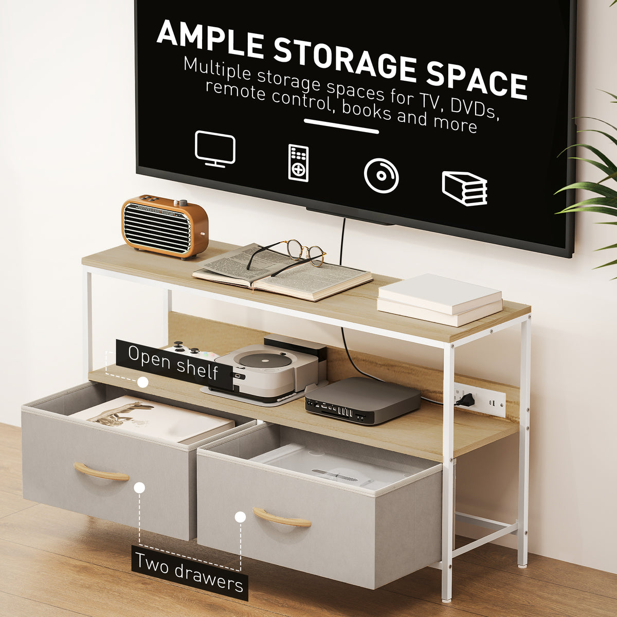 TV Stand with Charging Station, TV Table with 2 Foldable Linen Drawers and Open Shelf for 47 Inch – view 32