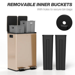 Garbage Bin, Soft-Close Trash Can with Foot Pedal, 2x7.4 Gal (2x28 L) Garbage Can with Removable Inner Buckets, SGold