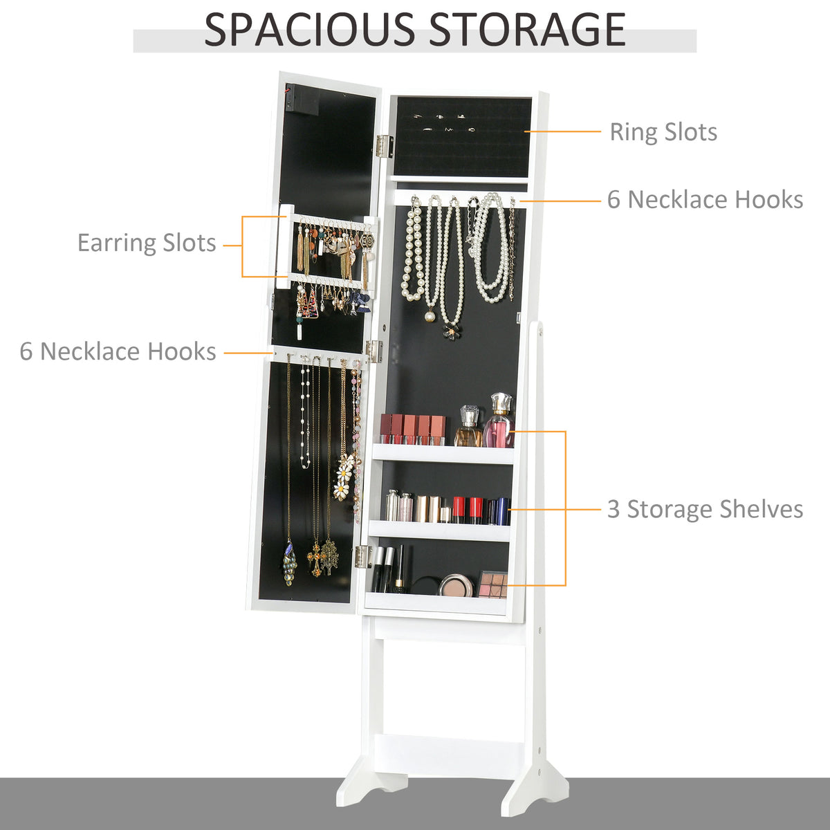 Free Standing Armoire Organizer, Lighted Mirrored Jewelry Cabinet w/ Angle Adjustable & 16 LED Lights Warm – view 3