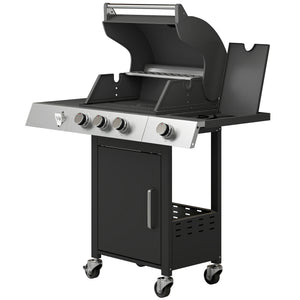 3 Burner Propane Gas Grill with Side Burner, 36,000 BTU BBQ Grill with Cast Iron Grates, Wheels, Warming Rack, Cabinet