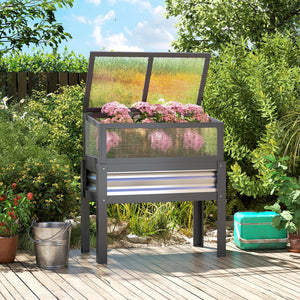 Raised Garden Bed with Flip-Up Greenhouse Top, Wooden Elevated Planter Box with Legs and Liner, Grey