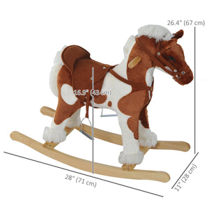Qaba Kids Rocking Horse Plush Animal on Wooden Rockers with Sounds, Wooden Base, Baby Rocking Chair, Brown and White
