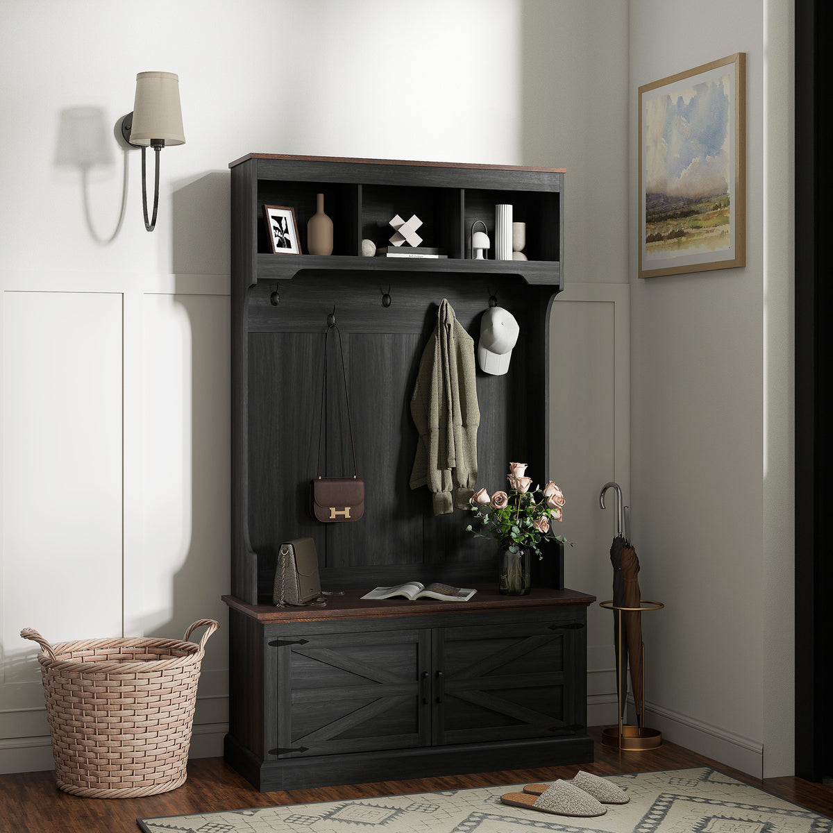 3-in-1 Hall Tree with Bench, Coat Rack with Shoe Storage, Distressed Black – view 7