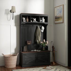 3-in-1 Hall Tree with Bench, Coat Rack with Shoe Storage, Distressed Black – view 7