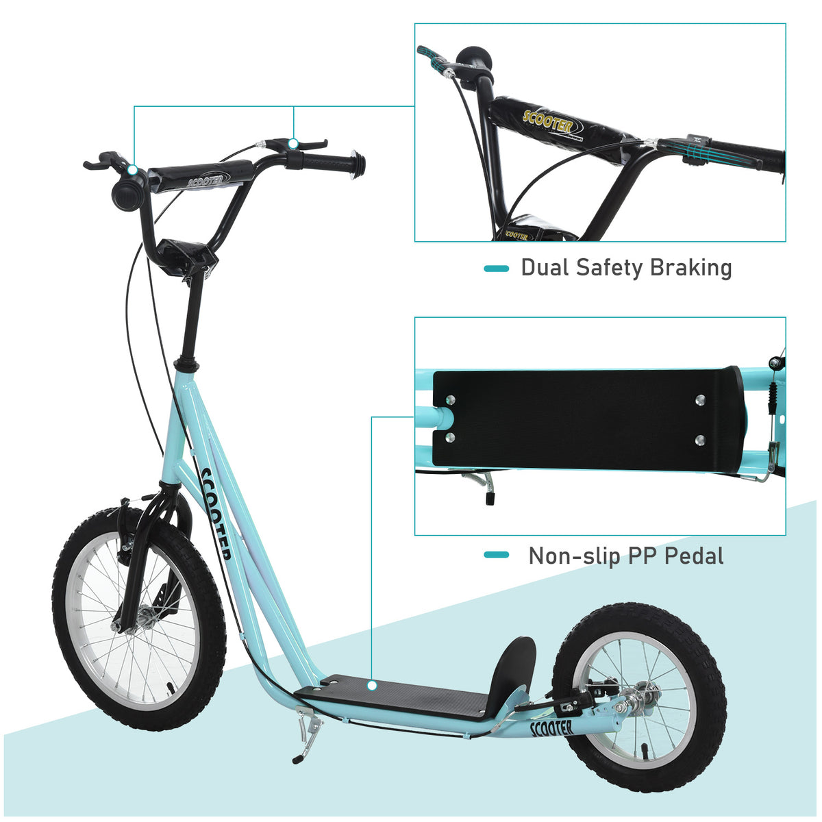 Aosom Youth Kick Scooter with Adjustable Handlebar and 16'' Inflatable Rubber Wheel for Kids and Teens 5+ Year Old