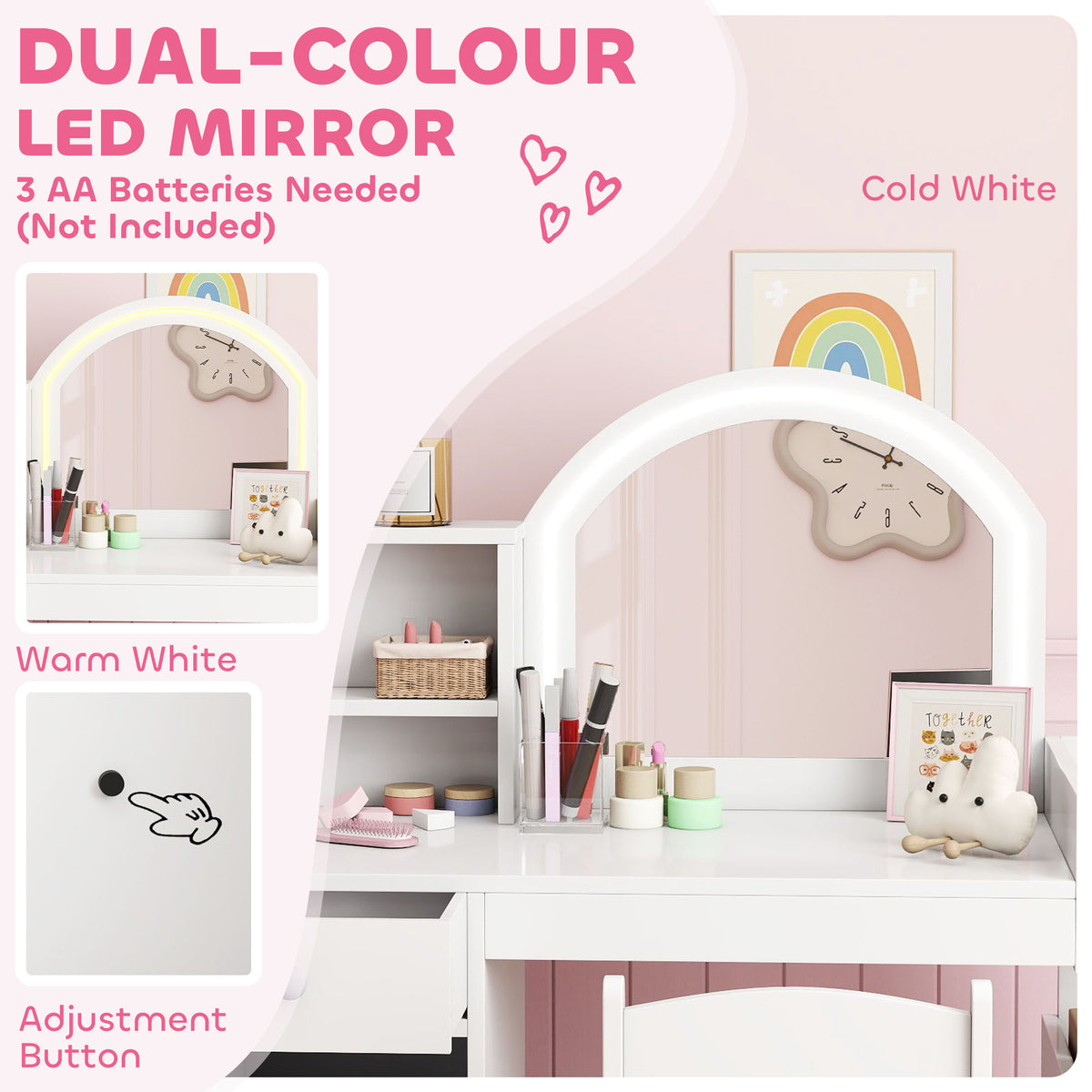 Qaba Kids Vanity Set, Toddler Dressing Table and Chair Set  with Lighted Mirror, Cabinet, Drawer and Shelves