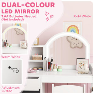 Qaba Kids Vanity Set, Toddler Dressing Table and Chair Set  with Lighted Mirror, Cabinet, Drawer and Shelves