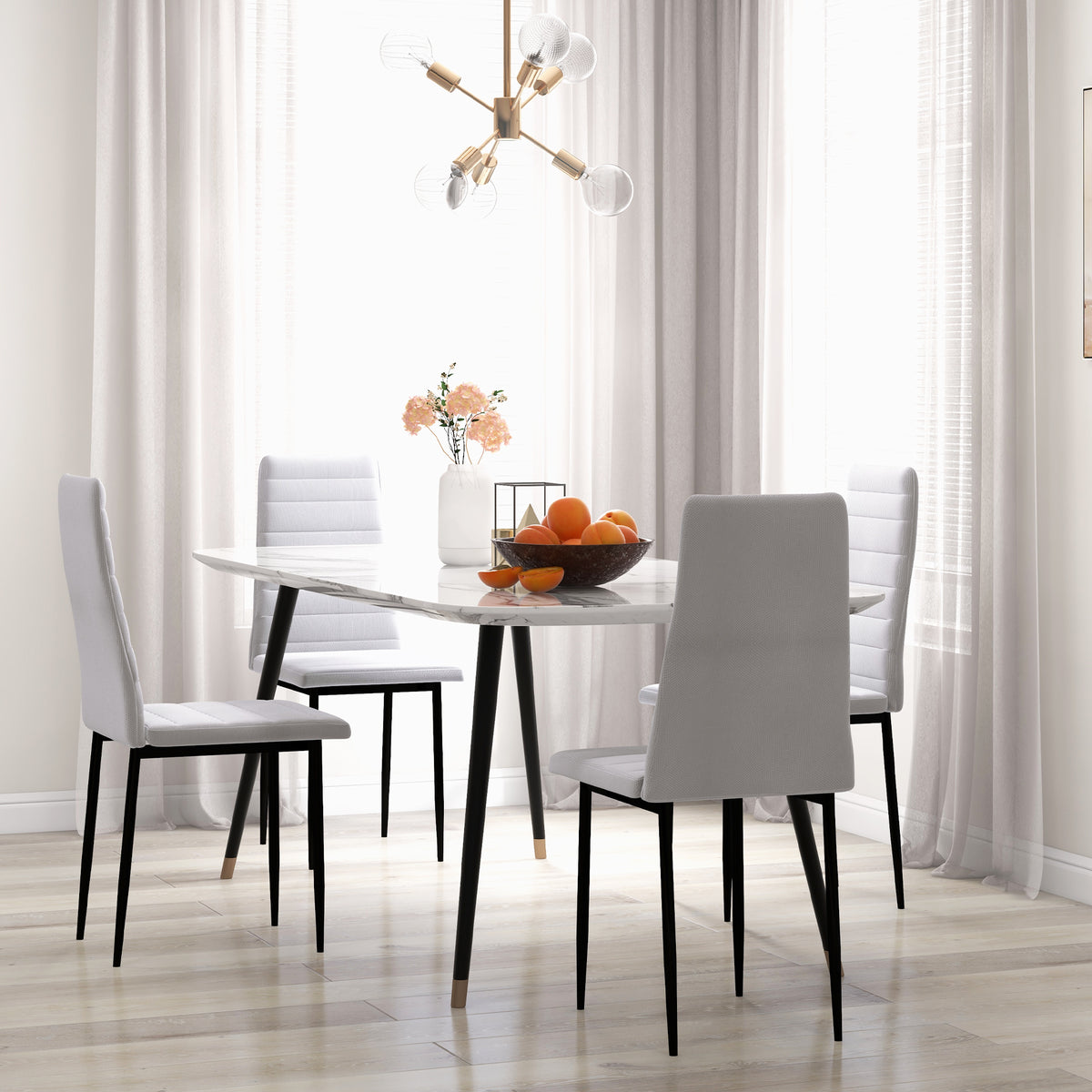 High Back Dining Chairs, Modern Upholstered Linen Fabric Accent Chairs with Metal Legs for Kitchen, Set of 4, White