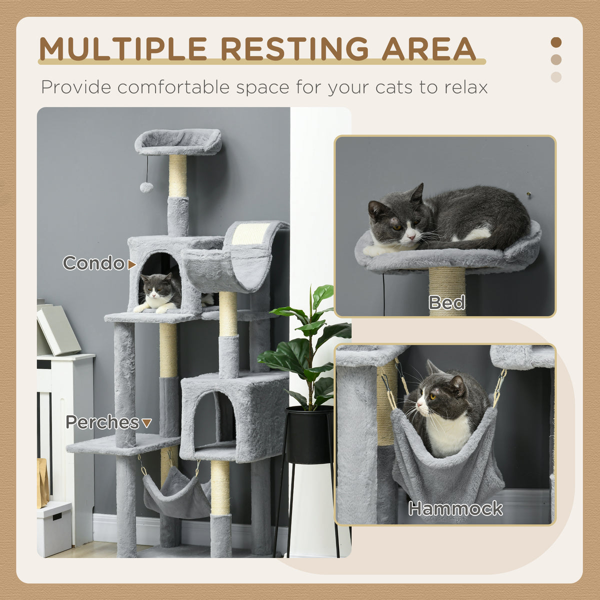 Tall Cat Tree for Indoor Cats, 70" Multi-Level Cat Tower with Hammock, Cat Bed, Cat Condo with Sisal Scratching Posts, Bluish Grey