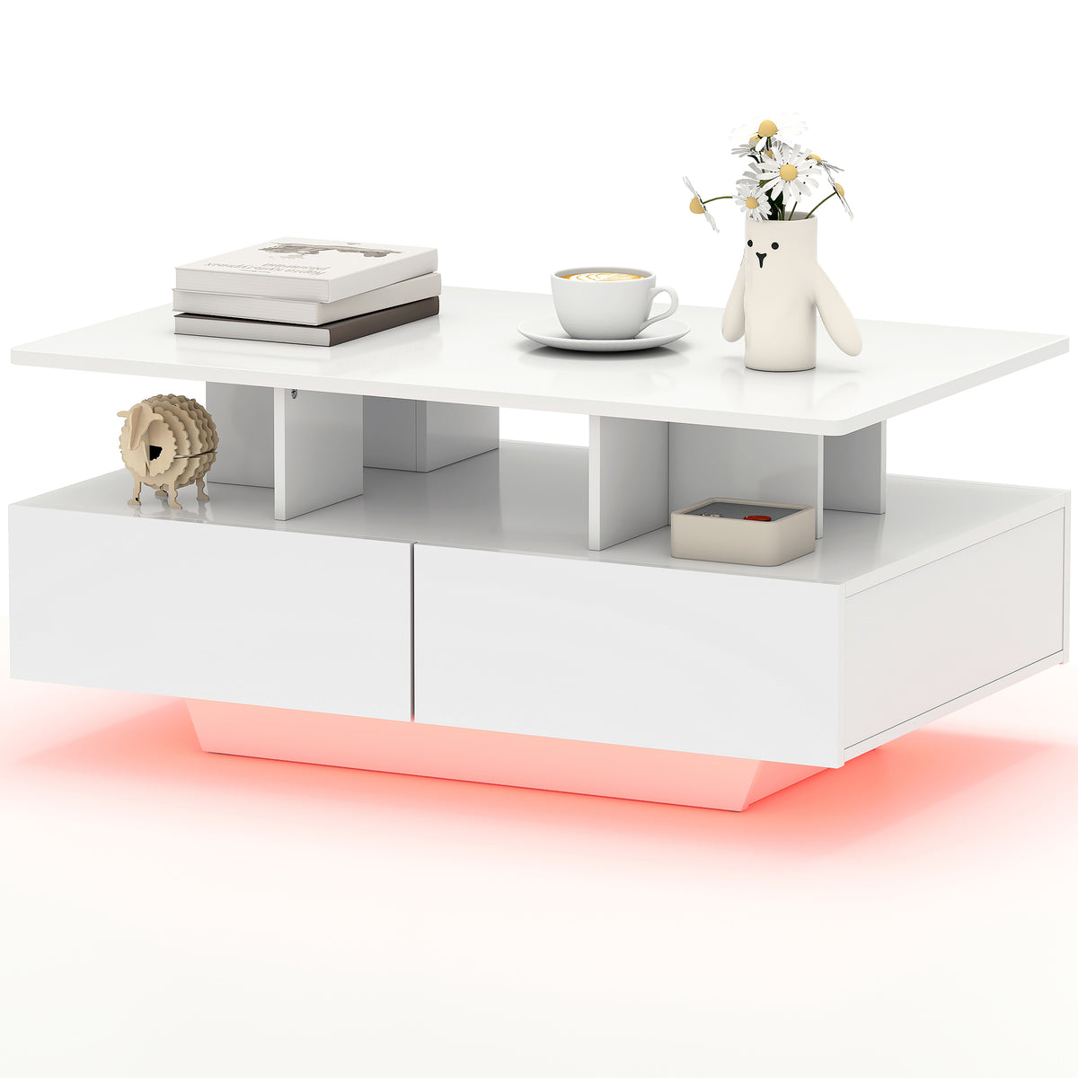 Coffee Table with RGB LED Lights, Modern Living Room Table with 4 Drawers, Open Shelf, Remote Control, High Gloss White