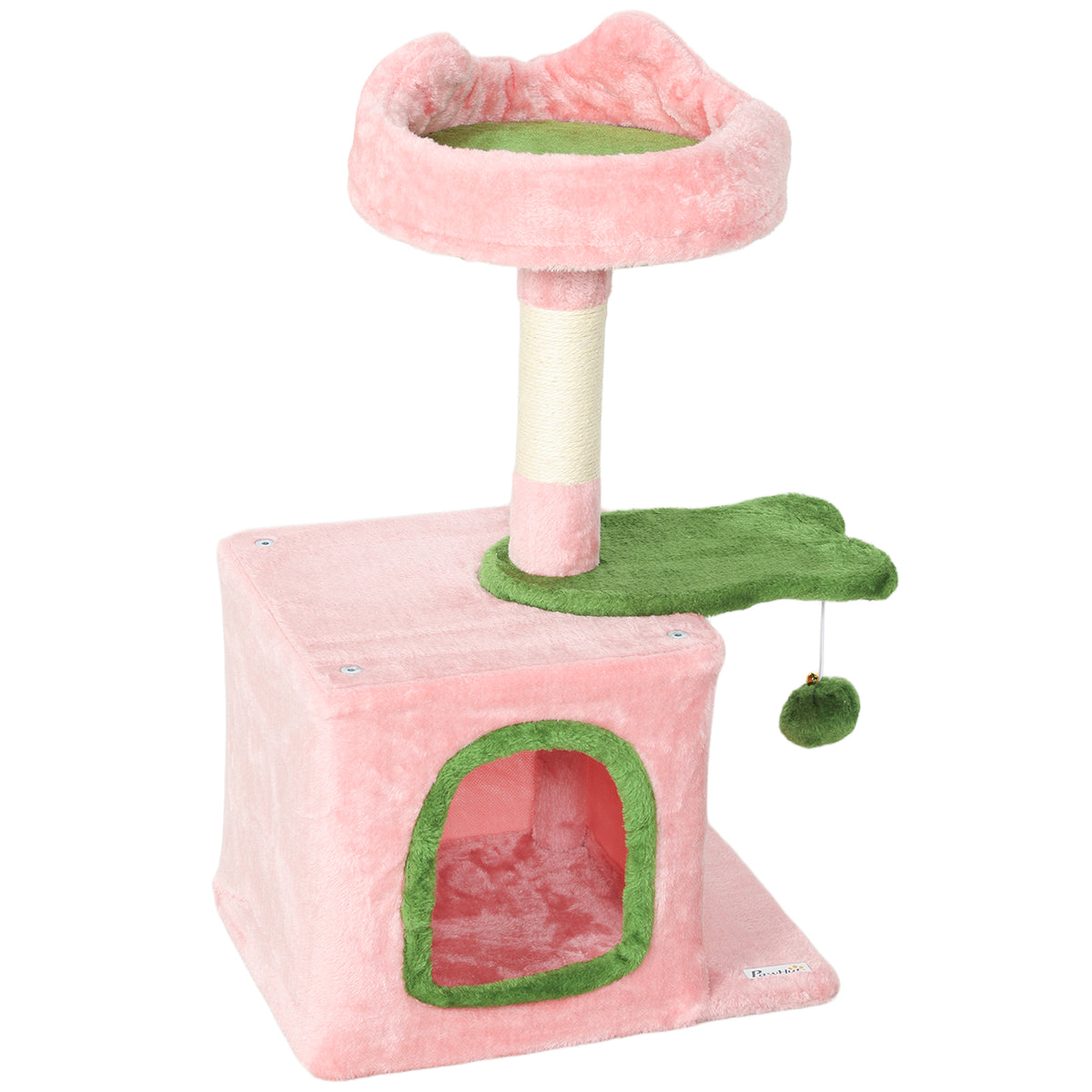 28" Cat Tree Tower with Plush Top Bed, Cozy Condo, Sisal Scratching Post, Perch, Dangling Ball, Beige and Yellow