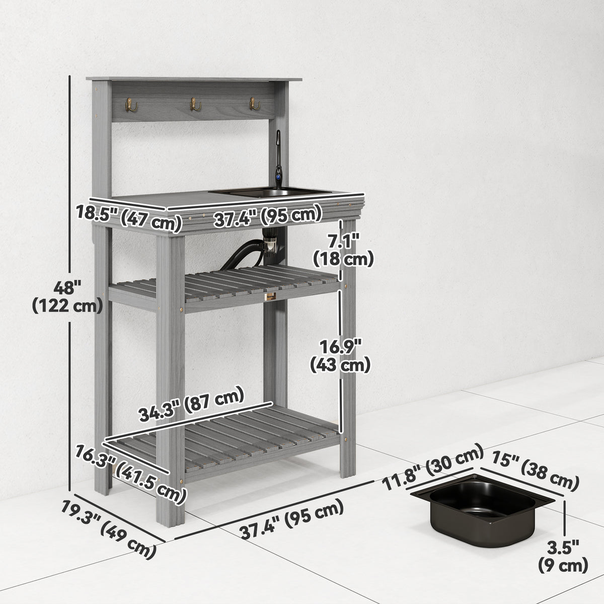 Outdoor Potting Bench Table with Faucet, Removable Sink, Hooks and Storage Shelves – view 2